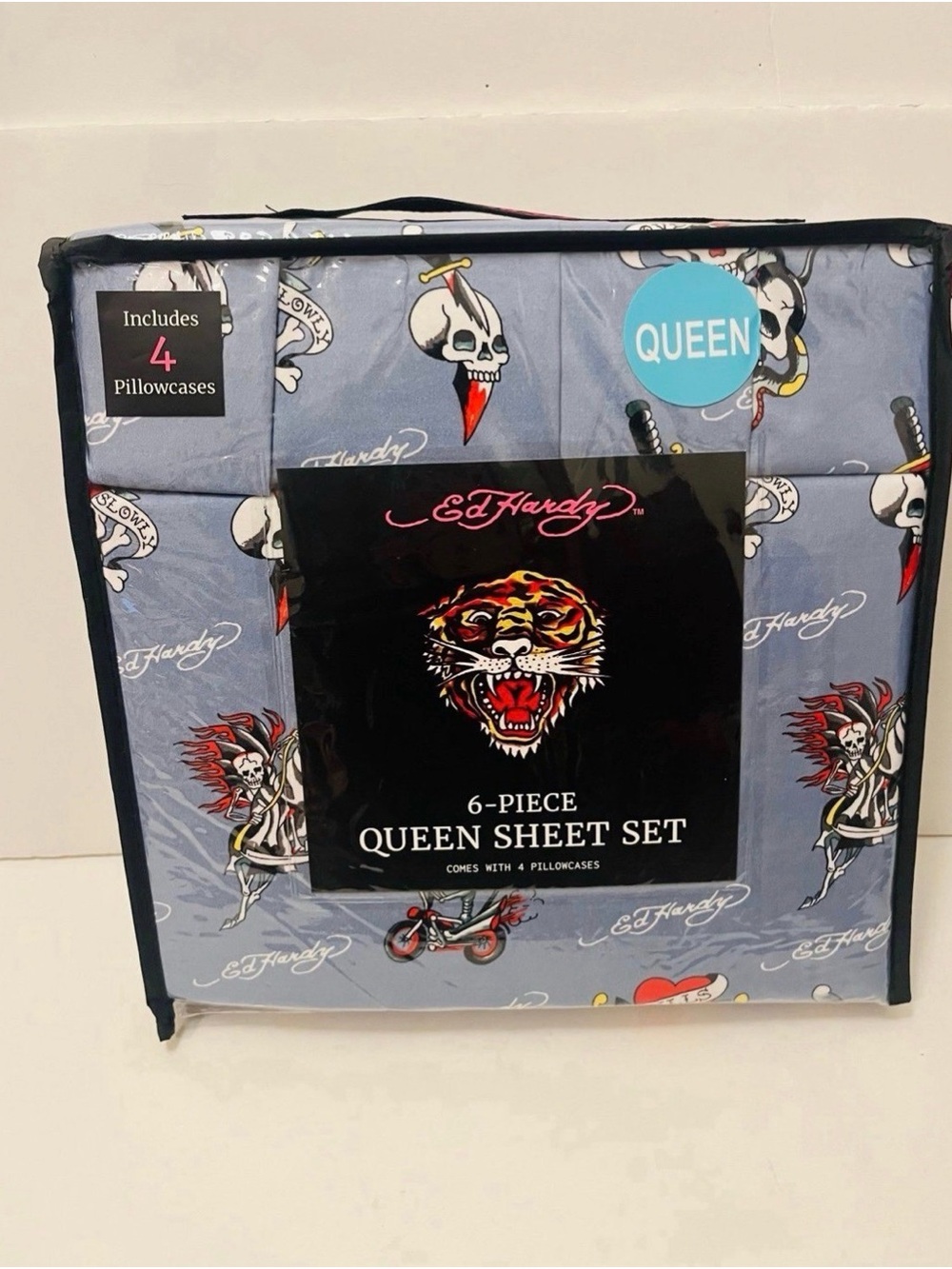 Ed Hardy Blue 6 Piece Queen Size Sheet Set Motorcycles Skulls Love Kills Slowly